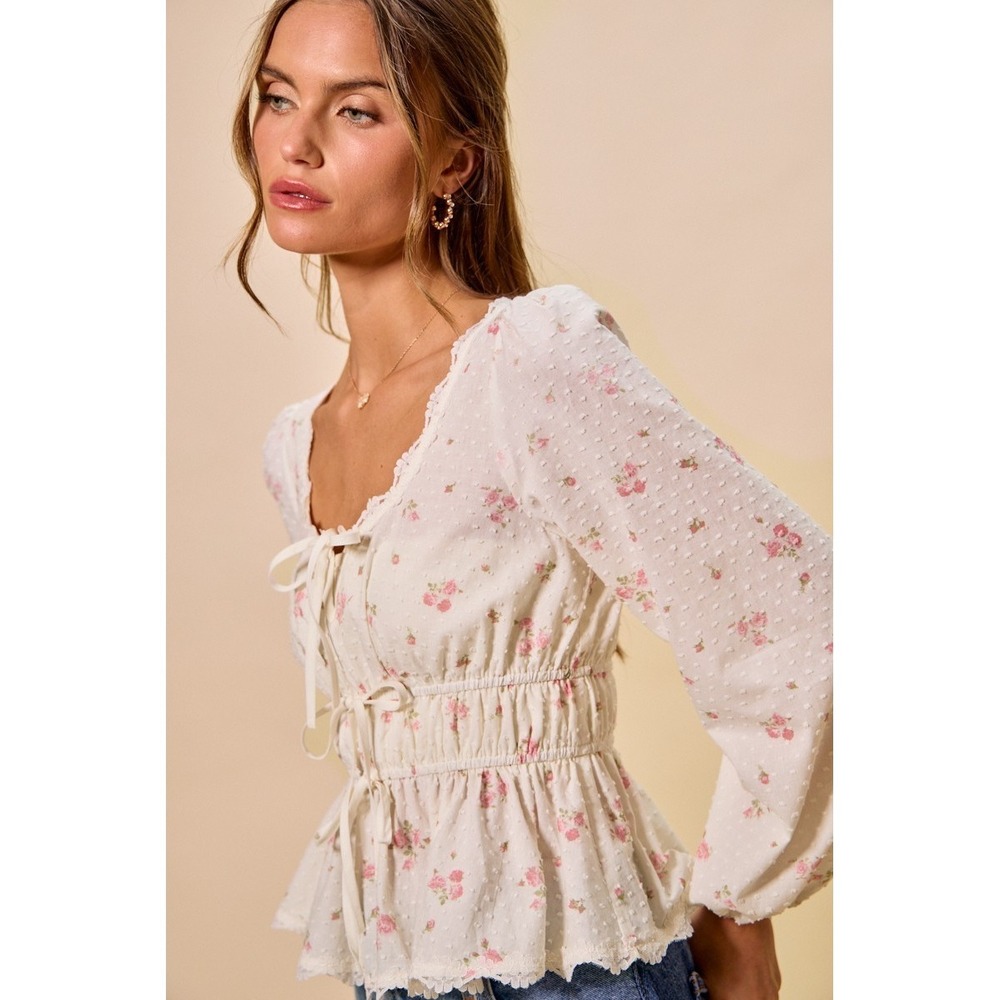SO ME Floral Clip Dot Lace Trim Ruched Bodice Blouse - White - Medium - Picture 4 of 16